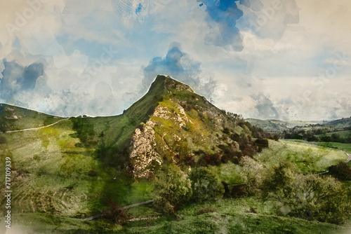 Digital watercolour painting of Beautiful landscape image of Parkhouse Hil viewed from Chrome Hill in Peak District National Park in early Autumn photo