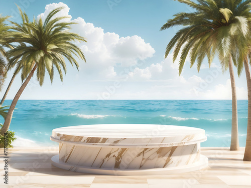 Marble podium for product display and presentation. Summer beach mockup with white sand, palm trees and ocean background design.