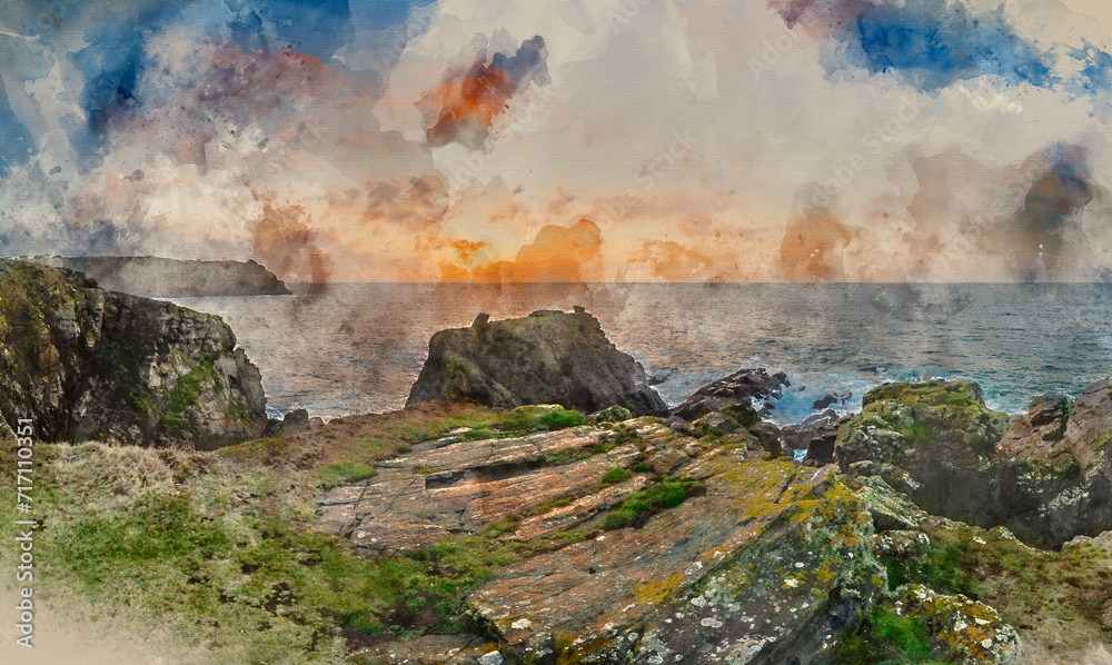 Digital watercolour painting of Beautiful dramatic Summer dawn over Lizard Point in Cornwall UK with lovely glowing sky and clouds