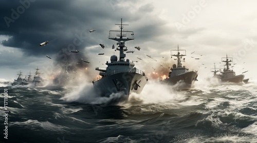 Wide banner of missiles launched from warboats and destroyers for special navy missions