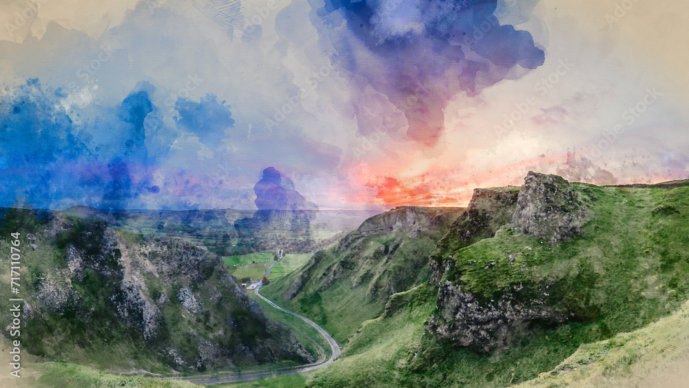 Digital watercolour painting of Stunning dramatic early Autumn dawn landscape image viewed along Winnats Pass in Peak District England