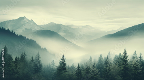 Misty fogly mountain landscape with fir forest in vintage style © Birol Dincer 