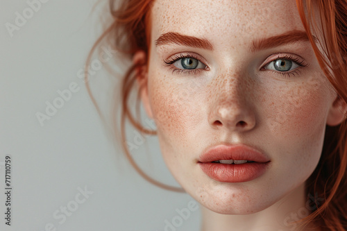 ginger girl with hairstyle with beautiful eyes and freckles