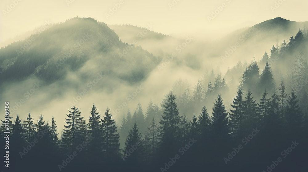 Obraz premium Misty fogly mountain landscape with fir forest in vintage style