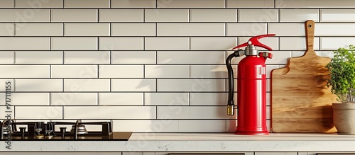 A vibrant red fire extinguisher is displayed on a white tile backsplash in a kitchen, alongside a cooktop and wooden chopping board on the countertop. photo