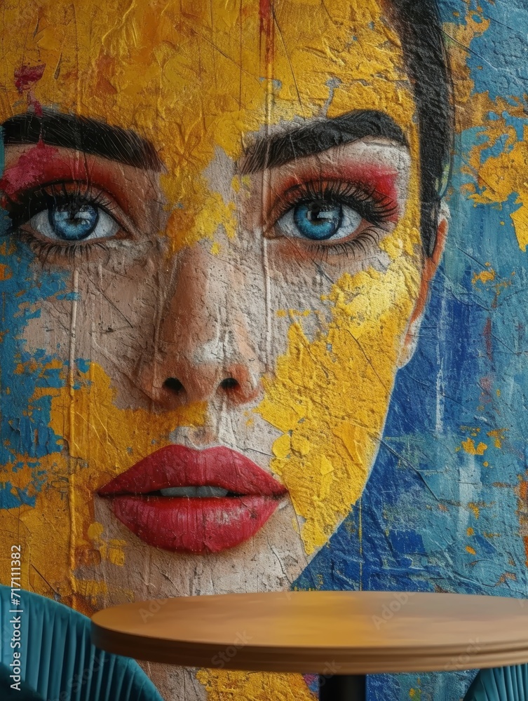 Vibrant Pop Art Portrait: Halftone Woman's Face with a Bold Spectrum of Blue and Orange Tones