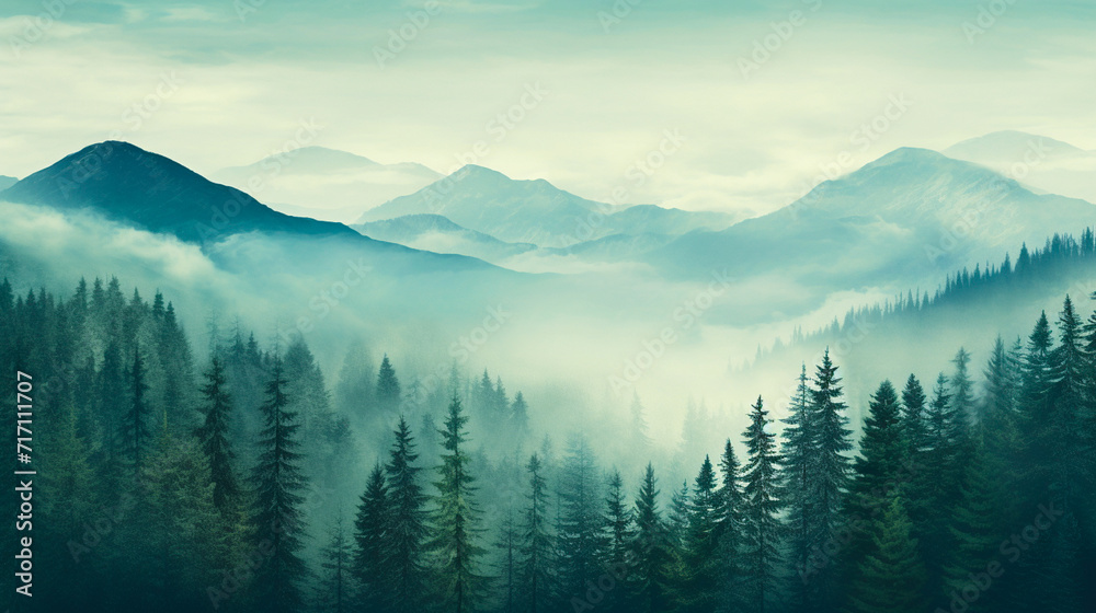 Misty fogly mountain landscape with fir forest in vintage style