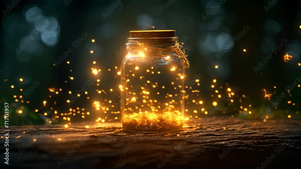 Sparkling fireflies in jar. Glowing bug firefly, butterfly coming out of a jar in a night isolated on a natural background. Magic night imagination. Magical nature concept. Artistic design raster illu