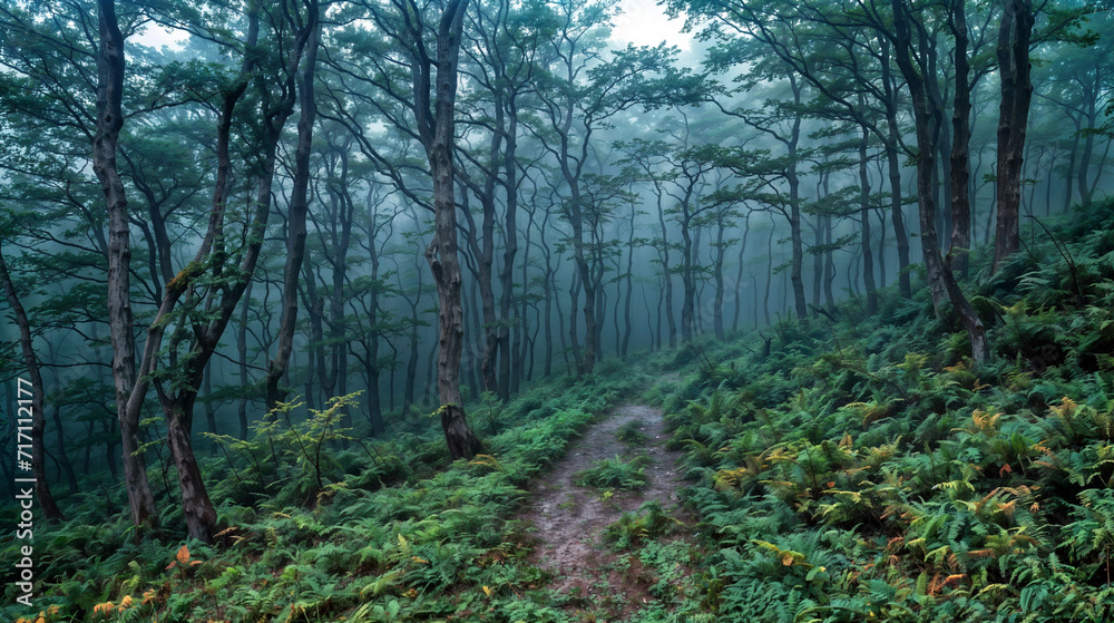 Fototapeta premium Misty Forest Path with Fern Undergrowth