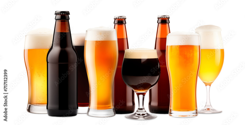 Set of Beer glasses and bottles on a white background. Mugs with drink like Ipa, Pale Ale, Pilsner, Porter or Stout Set of Beer glasses and bottles on a white background. Mugs with drink like Ipa, Pale Ale, Pilsner, Porter or Stout