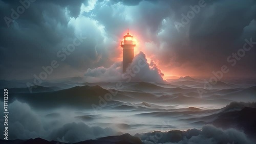 White Lighthouse in the middle of the ocean, big waves and storm around the light house, dark clouds, lighthouse sunken by ocean and sea. Painting, concept art, cinematic light, illustration photo