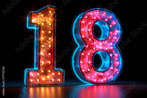 Number 18 - colorful glowing outline alphabet symbol on blue lens flare dark background photo