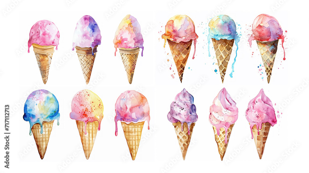 watercolor illustration with grungy texture, cute ice cream cone, three set isolated on white background, idea for junk journal design. Generative Ai watercolor illustration with grungy texture, cute ice cream cone, three set isolated on white background, idea for junk journal design. Generative Ai
