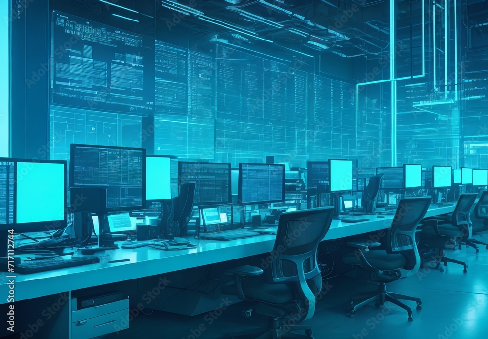 Modern neon cyberpunk open space office interio Modern neon cyberpunk open space office interio