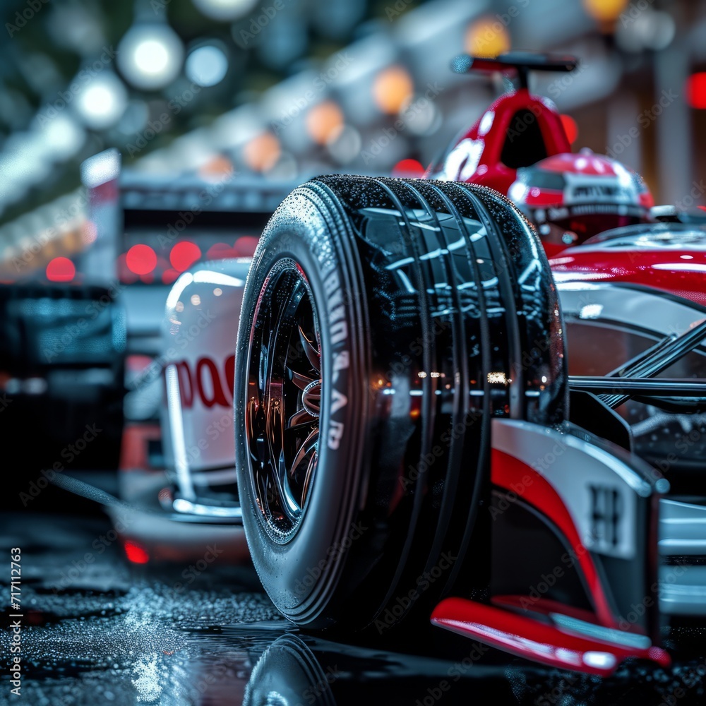 Close-up of a wet tire of a formula 1 car