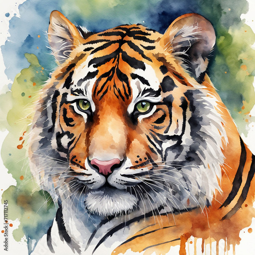 This is a vibrant watercolor painting of a tiger s face that shows vivid and exciting details. The tiger has striking yellow-green eyes that are full of intensity.