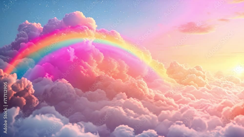 Pastel clouds with beautiful rainbow. Holographic fantasy rainbow unicorn background with clouds. Pastel color sky. Magical landscape, abstract fabulous pattern. Cute candy fantasy in the sky