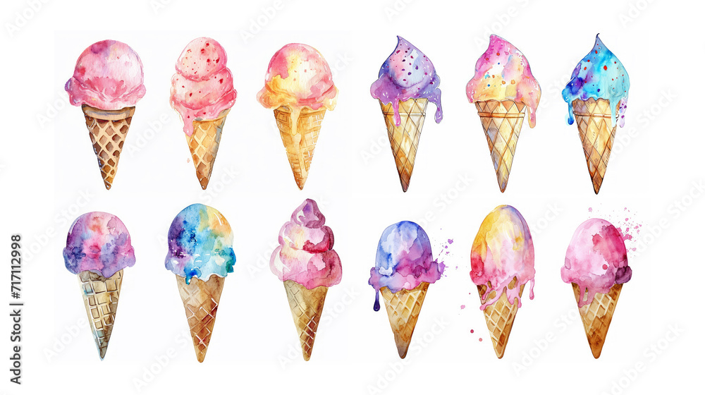watercolor illustration with grungy texture, cute ice cream cone, three set isolated on white background, idea for junk journal design. Generative Ai watercolor illustration with grungy texture, cute ice cream cone, three set isolated on white background, idea for junk journal design. Generative Ai