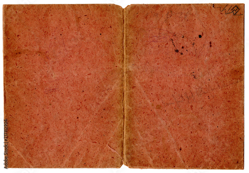 Bucheinband alt rot Hefteinband grobes Papier stark abgenutzt und  abgegriffen mit Flecken und Knicken photo