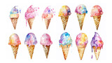 watercolor illustration with grungy texture, cute ice cream cone, three set isolated on white background, idea for junk journal design. Generative Ai