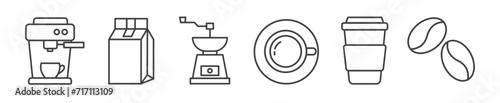 set of coffee and tea line icons with editable stroke. coffee beans, coffee machine, cup, tea bag	
