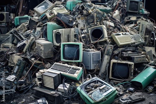A landfill full of old broken electronic items, electronic waste, recycling awareness