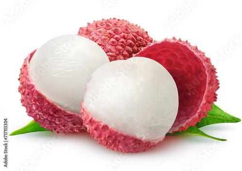 Isolated lychee. Group of lychee fruits with leaves isolated on white background
