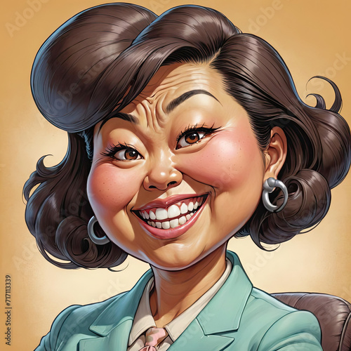 Satirical Portrait of a Terrible Boss - Retro-style caricature of a curvy, tan-skinned Asian female workaholic overstepping personal boundaries Gen AI photo