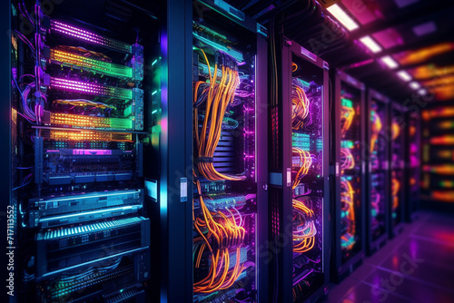 Server racks in computer network security server room data center, generative ai photo