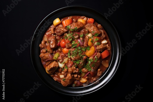 Beef Stew and Fresh Herbs on a Black Plate, Top View