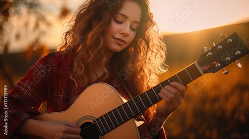 Sunset Serenade: Young Woman Playing Guitar in Nature