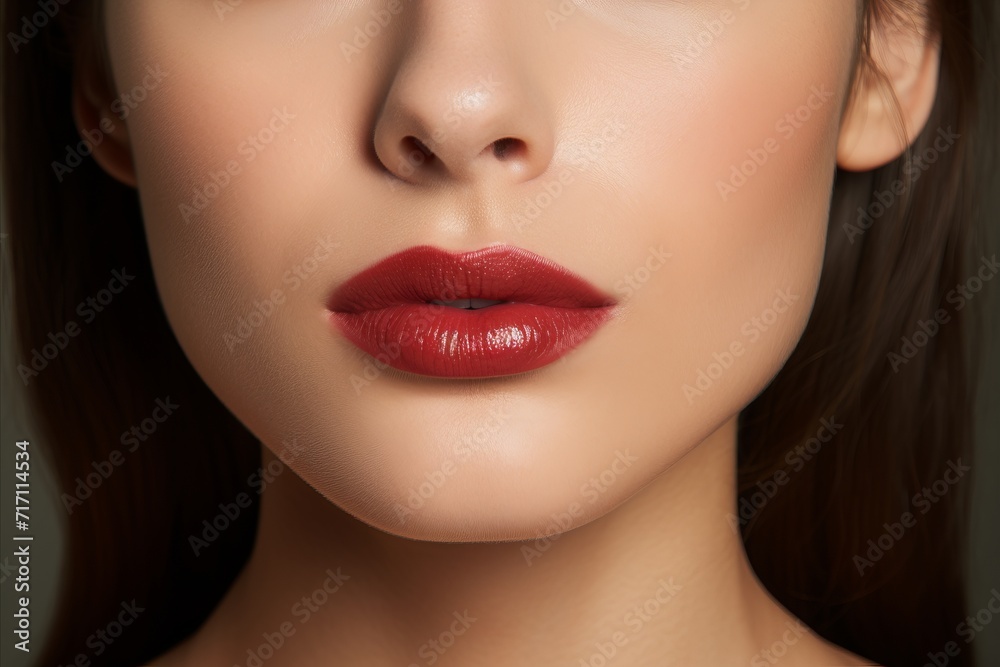 Red lips - close-up of womans glossy red lipstick, perfect for fashion and beauty concepts