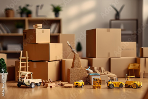 concept of housing and relocation. Family moving in new house.Move. Cardboard boxes and cleaning things for moving into a home © Lucky Fenix