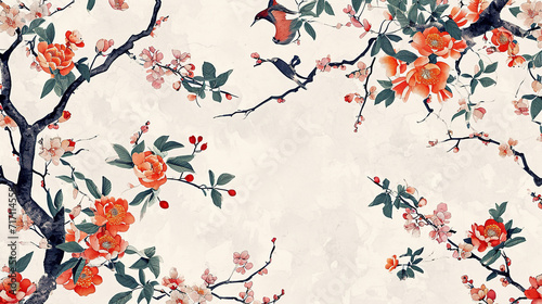 Wallpaper Mural Bloom. Vintage floral Chinoiserie pattern. Spring flowers. Red and muted green colors Torontodigital.ca
