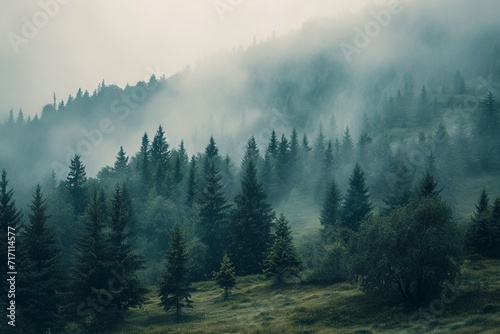 Misty landscape with fir forest in hipster vintage retro style © Sardar