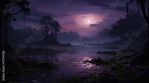 swamp at dusk, with a focus on capturing the serene and mysterious atmosphere, dark purple flowers into the scene for added visual intrigue. © lililia