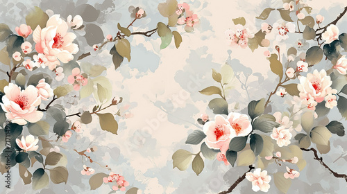 Bloom. Vintage floral Chinoiserie pattern. Spring flowers. muted colors
