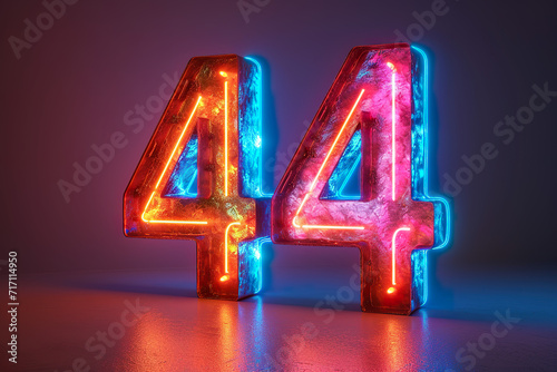 Number 44 - colorful glowing outline alphabet symbol on blue lens flare dark background