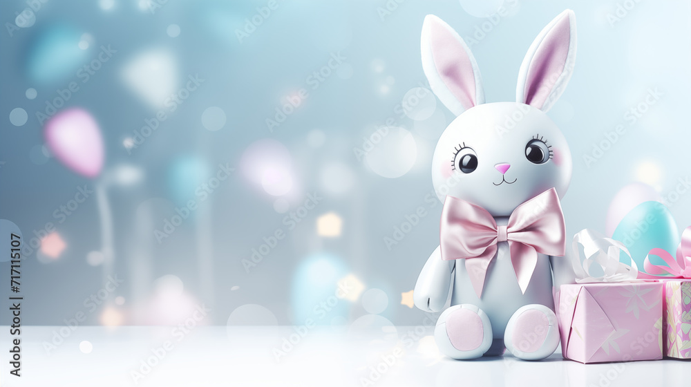 Fototapeta premium Cute Bunny Toy with Easter Eggs and Gift Box