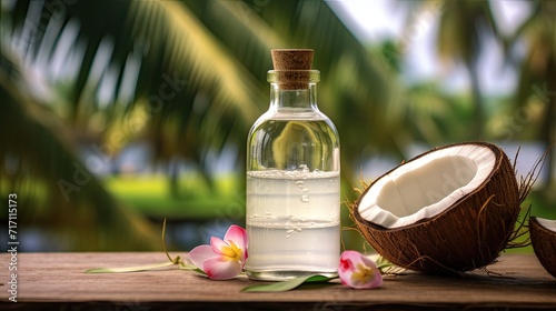 a glass bottle filled with coconut oil placed on a wooden table against the backdrop of a natural coconut plantation, healthy natural foods and cooking oil with the focus on the coconut flowers. photo