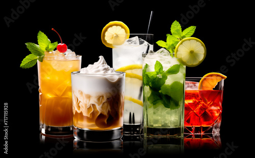 Set and collection of classic alcohol cocktails or mocktail isolated on white background with fresh summer fruits