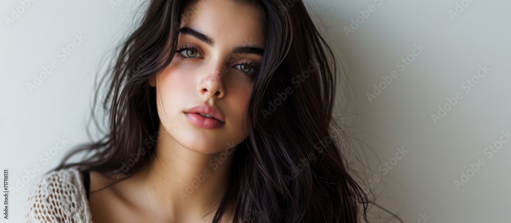 Gorgeous brunette staring at camera, on white backdrop. Gorgeous brunette staring at camera, on white backdrop.