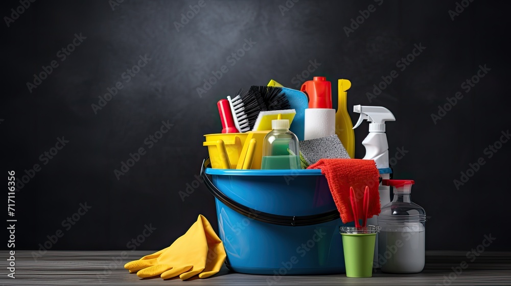 a bucket filled with cleaning supplies placed on a table against a grey background, creating a visually appealing composition, ample space for text to convey a cleaning-related message or branding. - obrazy, fototapety, plakaty 