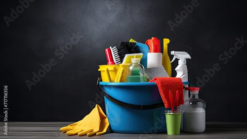 a bucket filled with cleaning supplies placed on a table against a grey background, creating a visually appealing composition, ample space for text to convey a cleaning-related message or branding. photo
