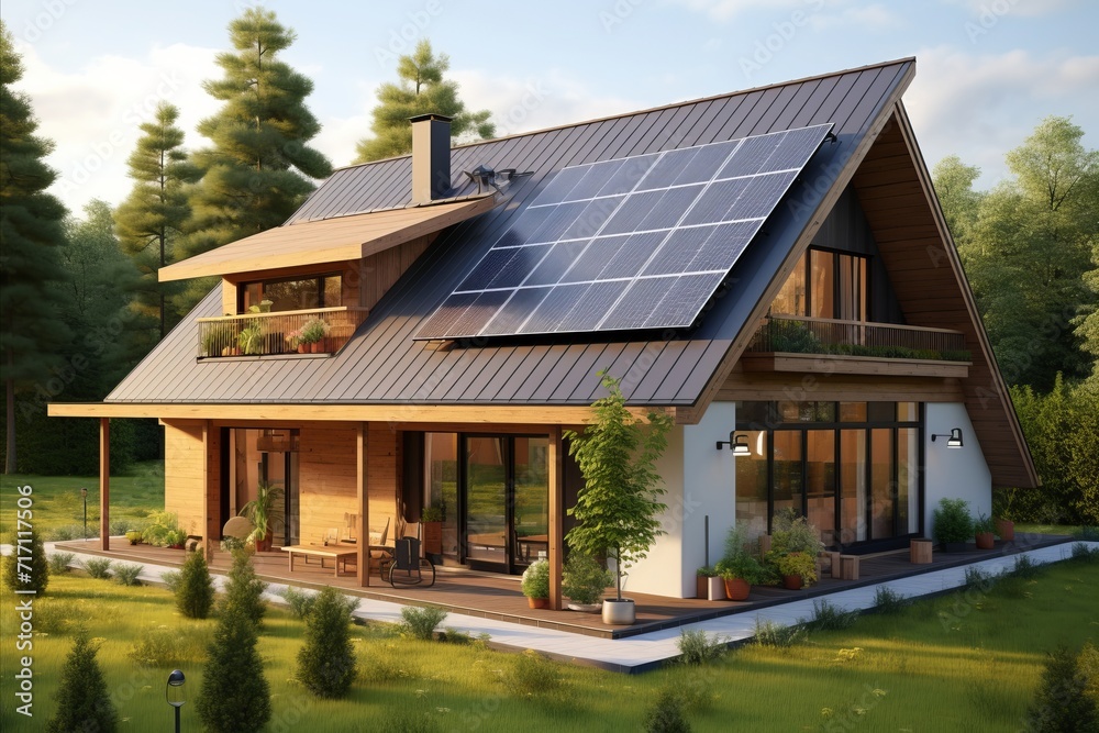 Futuristic smart home with solar rooftop for green energy concepts - wide banner Futuristic smart home with solar rooftop for green energy concepts - wide banner