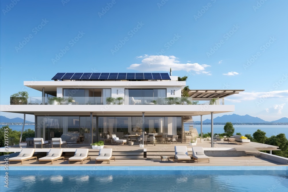 Futuristic smart home with solar panels for sustainable renewable energy solutions