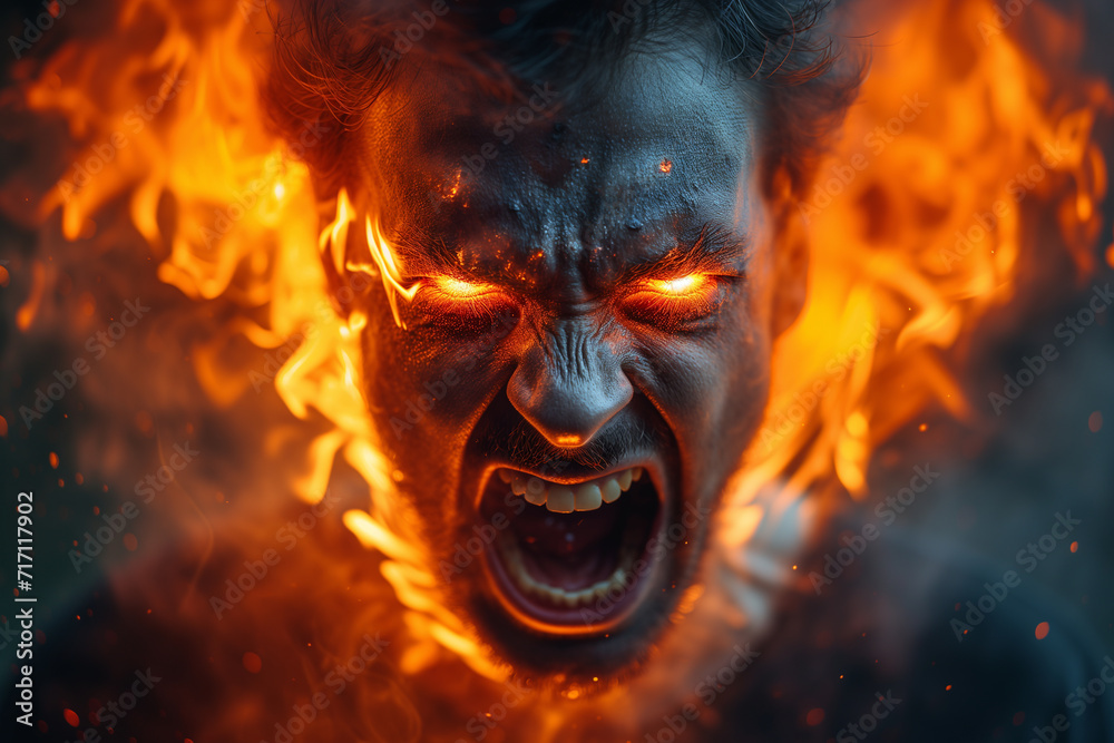 Man Engulfed in Flames with Intense Expression