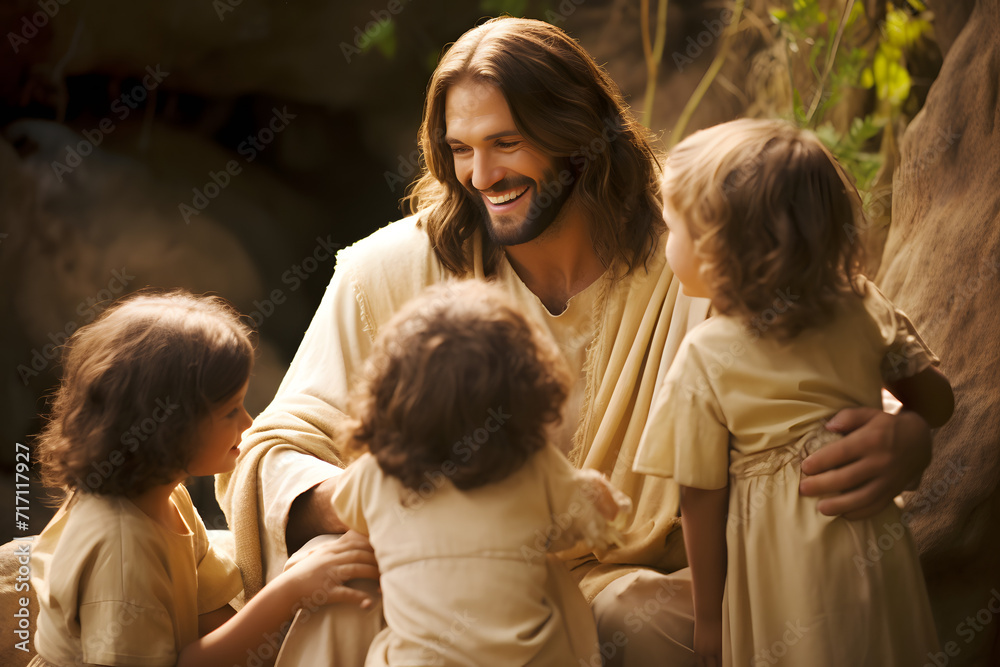 Jesus Christ talking to children, Jesus and children smiling. Generation - obrazy, fototapety, plakaty 