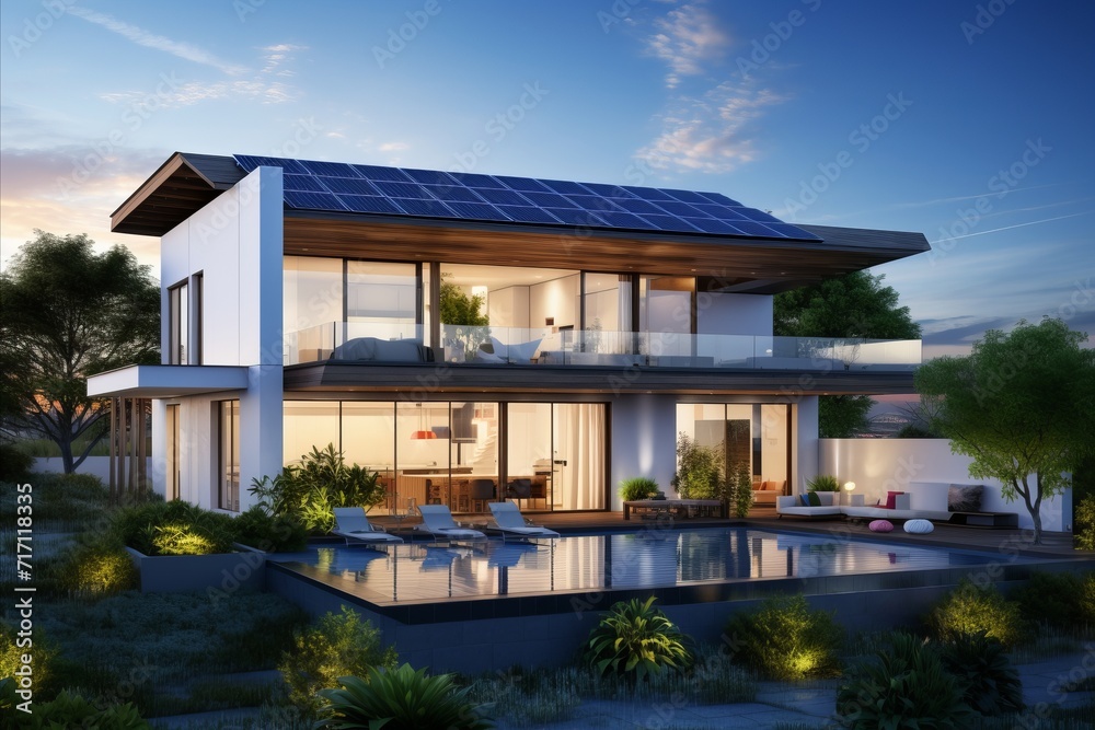 Futuristic smart home with solar panels rooftop system for renewable energy concepts