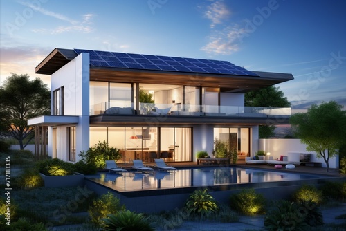 Futuristic smart home with solar panels rooftop system for renewable energy concepts © sorin